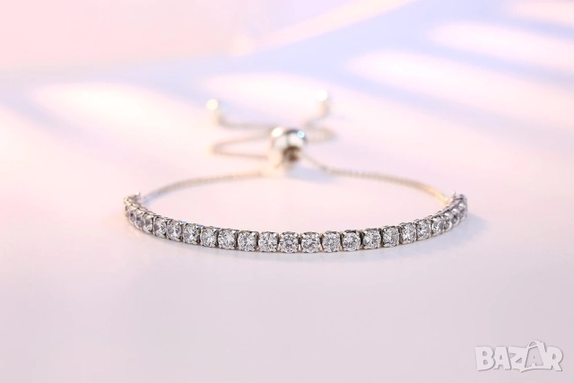 Стилна Гривна с Цирконий - Сребърно Покритие, Регулируема Дължина, Посребрена S925!, снимка 6 - Гривни - 52042543