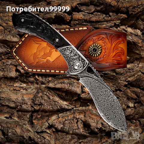  Сгъваем нож от дамаска стомана , снимка 1 - Ножове - 42277487