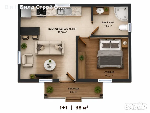 СГЛОБЯЕМА КЪЩА – 38 м² | 1 СПАЛНЯ | ВЕРАНДА, снимка 2 - Монтажи - 55705487