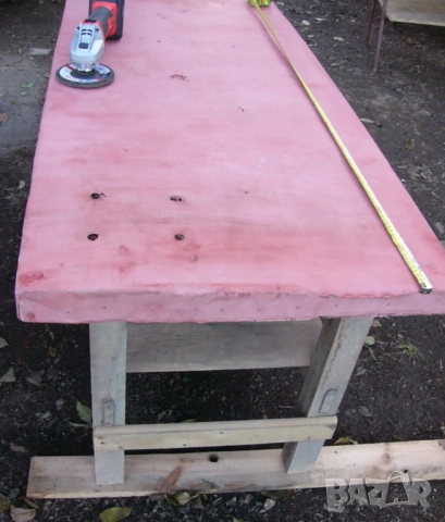 Българска Дървена Шлосерска Работнa МАСА 138x64x71 см Плот Тезгях с Ламарина с Рафт Стелаж БАРТЕР, снимка 5 - Други инструменти - 51946895