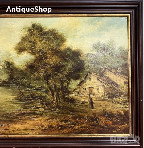  Пейзаж. Къща с езеро. Масло върху платно., снимка 2 - Картини - 52961076