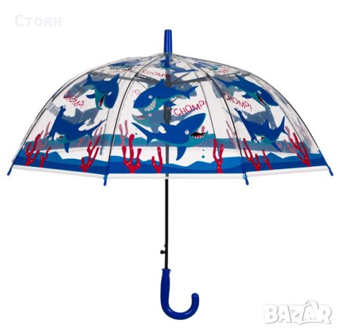 Чадър тип бастун за дъжд Автоматичен детски прозрачен Blue Sharks 66см, снимка 2 - Чадъри - 42876221