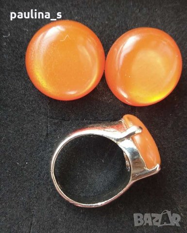 Антична бижутерия - комплект от пръстен и обеци с котешко око, снимка 3 - Бижутерийни комплекти - 26002099