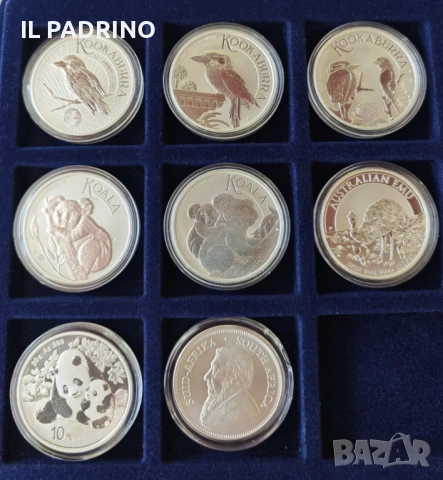 Сребро инвестиционни монети всички по 1унция 999. 8броя - Кукабура Коала Панда Ему Кругерранд