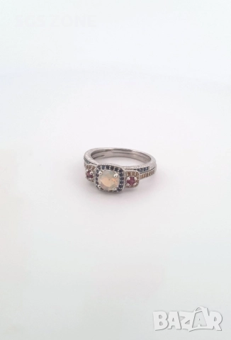 СРЕБЪРЕН ДВОЕН ПРЪСТЕН С ЦЕНТРАЛЕН ОПАЛ И САПФИРИ. , снимка 5 - Пръстени - 52402004