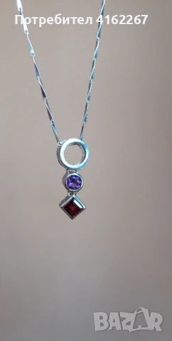 Сребърно колие с естесввен аметисти и гранат., снимка 2 - Колиета, медальони, синджири - 54006122