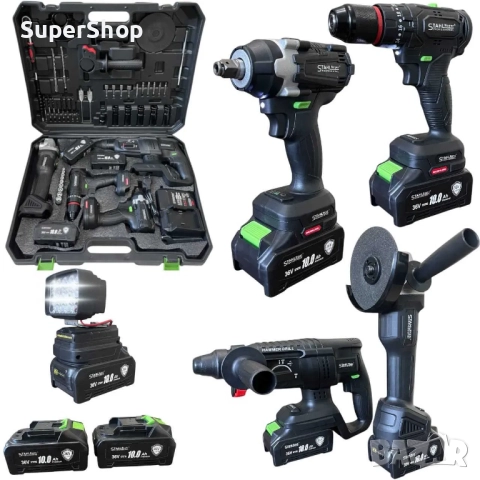 5в1 к-т 36v 10.0A STAHLMAYER  гайковерт винтоверт ъглошлайф перфоратор лед лампа
