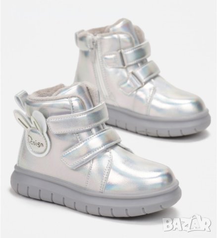 21-26, Сребристи детски термо боти за момиче със зайче FLIP