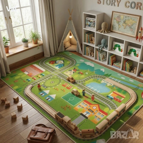 Детски килим за игра 120х160см - Яркозелен килим с влак и релси, противоплъзгащ и миещ се, снимка 5 - Килими - 53932098