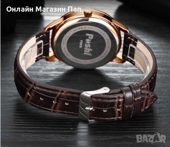 POSHI 916 мъжки кварцов часовник с кожена каишка, календар, снимка 11 - Мъжки - 53162851