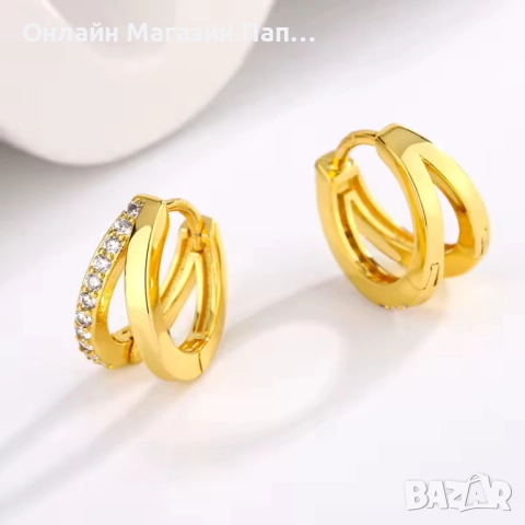 Двойни обеци халки от стомана с циркони – позлатени/посребрени
