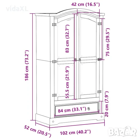 vidaXL Гардероб "Corona" бял 102x52x186 см бор масив, снимка 9 - Гардероби - 56147403