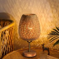 HHMTAKA Нощна настолна лампа с двуслоен бамбуков абажур, дървена основа, с крушка E27, снимка 4 - Настолни лампи - 44370857