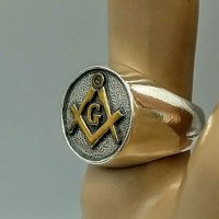 Масонски сребърен пръстен с 24 Карата позлата, масонски знаци, снимка 8 - Пръстени - 31590540