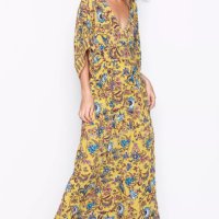 Дълга жълта рокля на сини цветя в бохо стил , снимка 1 - Рокли - 40810555