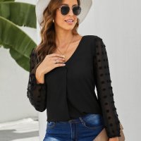 Дамски елегантен топ в черно с ръкави на точки, снимка 5 - Блузи с дълъг ръкав и пуловери - 39581226