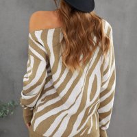 Дамски пуловер в бежов цвят със зебра принт и голо рамо, снимка 6 - Блузи с дълъг ръкав и пуловери - 42781498