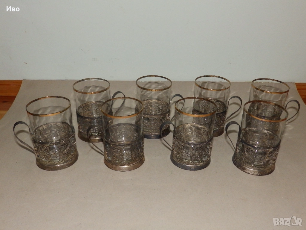 Руски посребрени подстакани филигран с оригинални чаши, снимка 1