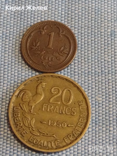 Две монети 20 франка 1950г. Франция / 1 хелера 1911г. Австрия за КОЛЕКЦИЯ ДЕКОРАЦИЯ 31737, снимка 1