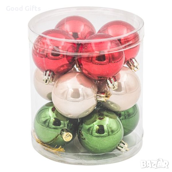 12 броя Комплект коледни топки, Червени Зелени и Шампанско, 5см, снимка 1