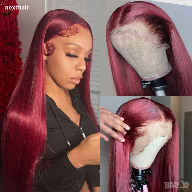 Естествена дантелена перука 80 см - 200% плътност, 13x6 Lace, бургунди тъмно червена права коса, снимка 1