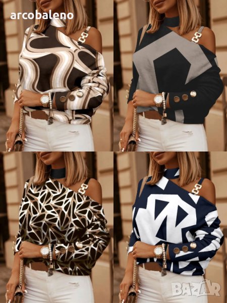 Модна дамска блуза с  щампа с геометрични шарки с дълъг ръкав, 4цвята - 023, снимка 1