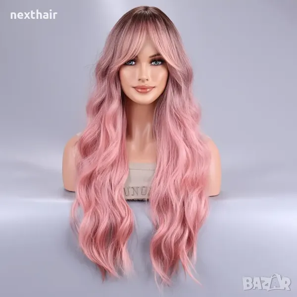Розова омбре перука с тъмни корени и дълъг бретон, снимка 1