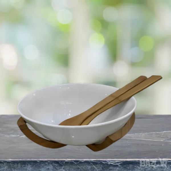 Луксозен комплект за салата с керамична купа и дървени аксесоари, снимка 1
