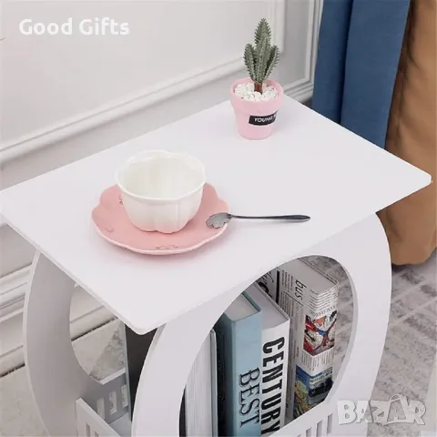 Дървена бяла Маса с рафт за книги, вестници и списания, снимка 5 - Маси - 49117798