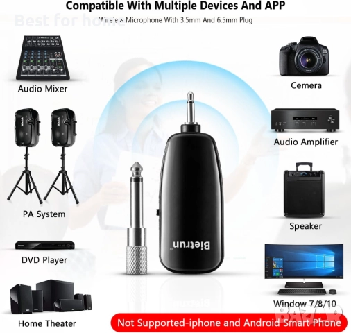 UHF безжична система за слушалки с микрофон, обхват 51 метра, 1/8" и 1/4" жак, снимка 2 - Други - 51933573