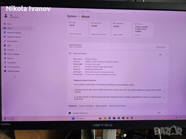 PC intel core i7 8700 4.60 Ghz | UHD Graphics | 32GB 2666Mhz RAM | 512GB SSD + 1TB HDD | Windows 11, снимка 5 - За дома - 52028705