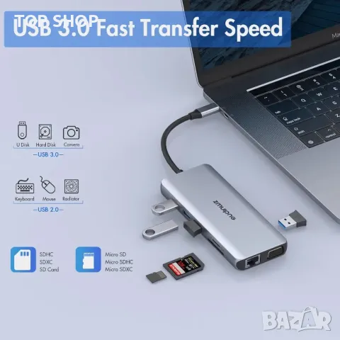 USB C докинг станция с двоен монитор, 12 в 1 за лаптоп с 2 HDMI, VGA, 2 USB 3.0, 2 USB 2.0, 100 W PD, снимка 7 - Друга електроника - 49457579