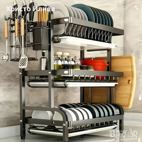 Сушилник за съдове на 3 нива Органайзер Черен Сушило