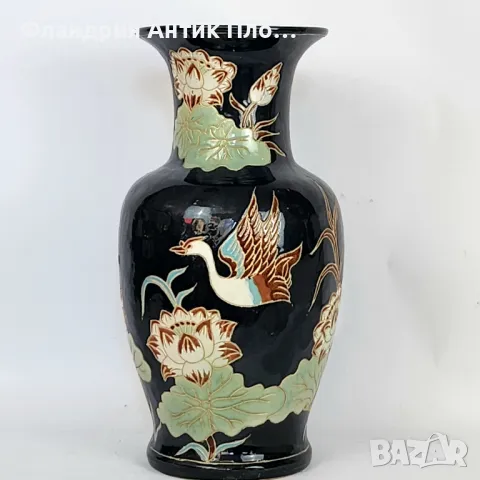 Голяма тъмносиня ваза "Жерави" , снимка 3 - Вази - 32433148