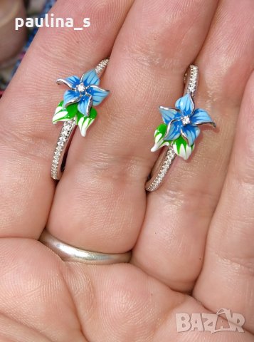 Японски, дизайнерски сребърни обеци с циркони и ръчно рисуван емайл 925 , снимка 3 - Обеци - 29262795