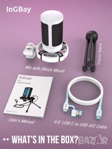 Mикрофон FIFINE A2 с RGB подсветка + стойка, USB Type-C, Бял, снимка 11 - Друга електроника - 51840926