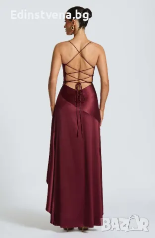 Дамска елегантна сатенена вечерна рокля с висока цепка и гръб с връзки в цвят бордо, снимка 3 - Рокли - 50419103