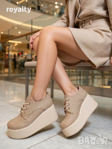 Обувки на платформа - бежови тип плетка, снимка 3 - Дамски ежедневни обувки - 54120846