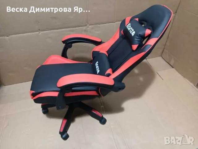 Удобен геймърски стол с поставка за крака и масажна лумбална възглавница, Черно-червен, снимка 4 - Столове - 56060068