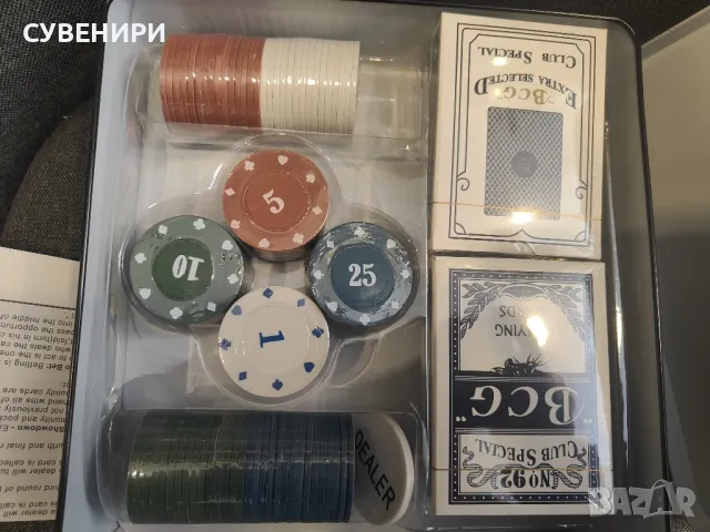 Комплект чипове за покер Професионален фин подарък, със 100 чипа за покер в метална кутия 19 X 20 см, снимка 2 - Настолни игри - 50216534