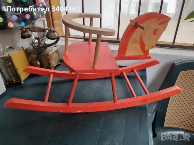 Старо голямо детско дървено конче играчка люлка Соц.