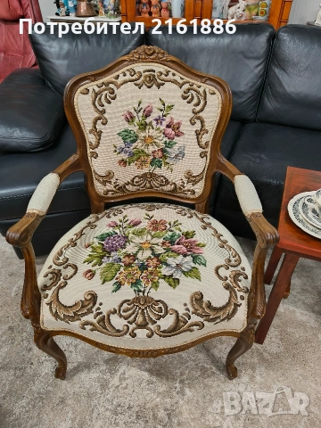 Комплект от две дъбови кресла с дърворезба и   гобленова дамаска , снимка 2 - Столове - 54100221