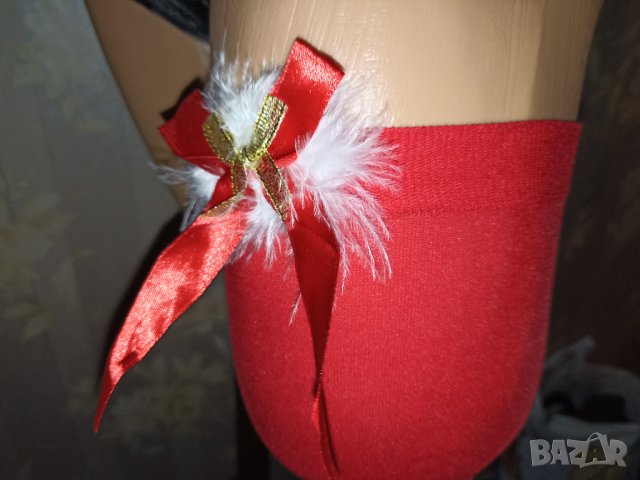 Нови секси плътни коледни червени чорапи с  пухче и панделка , снимка 5 - Бельо - 42603503