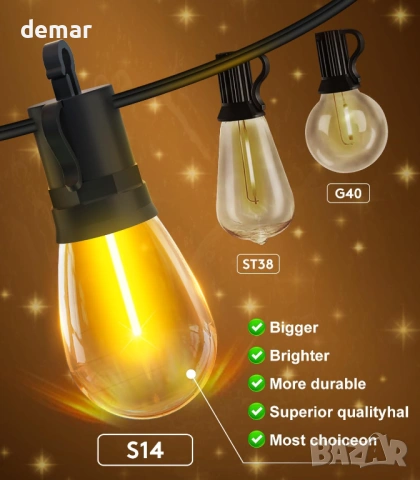 Външни гирлянди, 30 м, S14, 30+2 LED крушки, градинско гирляндово осветление, дистанционно, IP65, снимка 6 - Лед осветление - 54048511