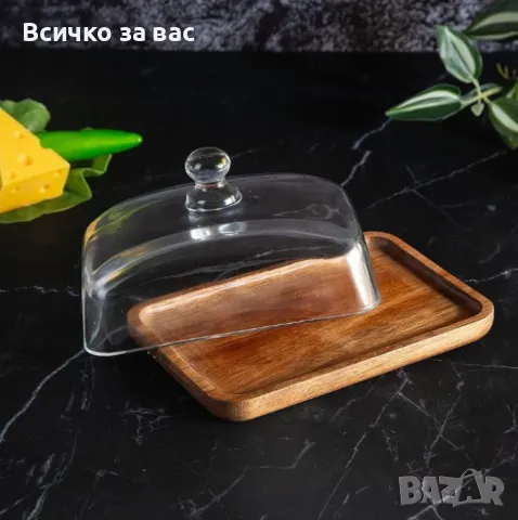 Стъклена кутия за масло с акациева и стъклен капак, снимка 1