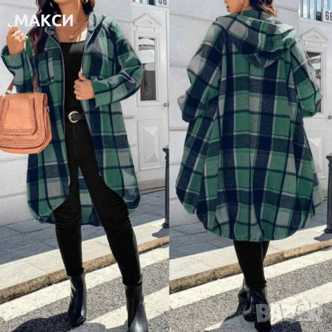 Макси дълго бархетно горнище с качулка, метален цип, ластични извивки и джоб в модерно каре /две раз, снимка 2 - Палта, манта - 51699922