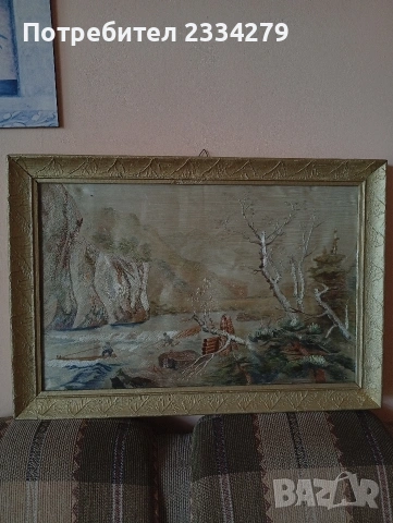 Стар гоблен поставен в остъклена дървена рамка., снимка 2 - Гоблени - 54108978