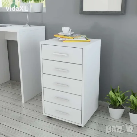vidaXL Офис шкаф с колелца, 5 чекмеджета, бял, снимка 2 - Столове за офис - 56146402