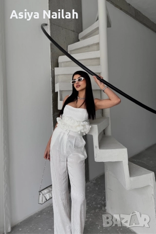 Дамски бял костюм от 3 части – сако, топ и широк панталон, снимка 7 - Костюми - 52792810