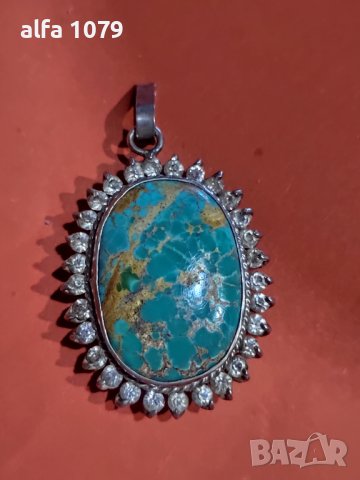 Ръчно изработено 925 пр. сребърна брошка с оригинален тюркоазен камък Нишабури